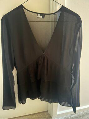 The Kooples Sheer Black Top | Deep V Pleated Hem | Edgy Chic | Going Out Blouse